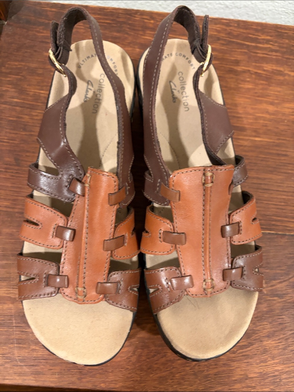 Collection B Two-Tone Brown and Tan Leather Slingback Sandals